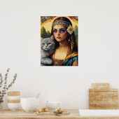 Jonge Hippie Mona Lisa en Haar Grijze Kat Poster (Keuken)