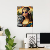 Jonge Hippie Mona Lisa en Haar Grijze Kat Poster (Thuiskantoor)