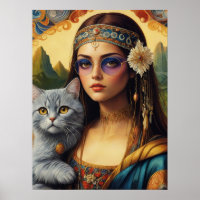 Jonge hippie Mona Lisa en haar grijze kat