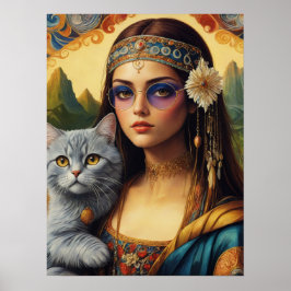 Jonge Hippie Mona Lisa en Haar Grijze Kat Poster
