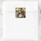 Jonge Hippie Mona Lisa en Haar Grijze Kat Vierkante Sticker (Tas)