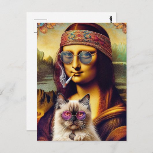 Jonge Hippie Mona Lisa En Haar Himalaya Kat Briefkaart (Voorkant / Achterkant)
