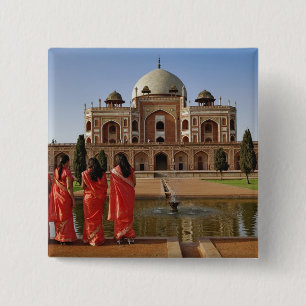 Jonge Indiase dames en Humayun's tombe, Delhi, Vierkante Button 5,1 Cm