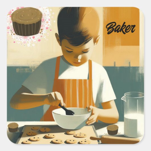 Jonge Jongen Cookie Bakker Vierkante Sticker (Voorkant)
