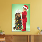 Jonge jongen die kerstverlichting rond een hond wi canvas afdruk (Insitu (Woonkamer))
