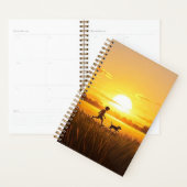 Jonge jongen loopt met hond bij zonsondergang planner (Display)