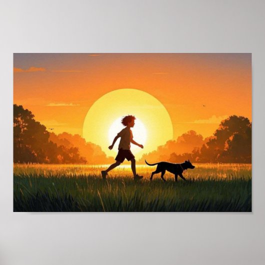 Jonge jongen met hond bij zonsondergang poster (Voorkant)