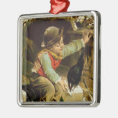 Jonge jongen met vogels in de sneeuw metalen ornament (Links)