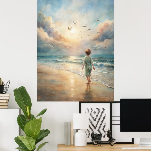 Jonge jongen op het strand poster (Thuiskantoor)
