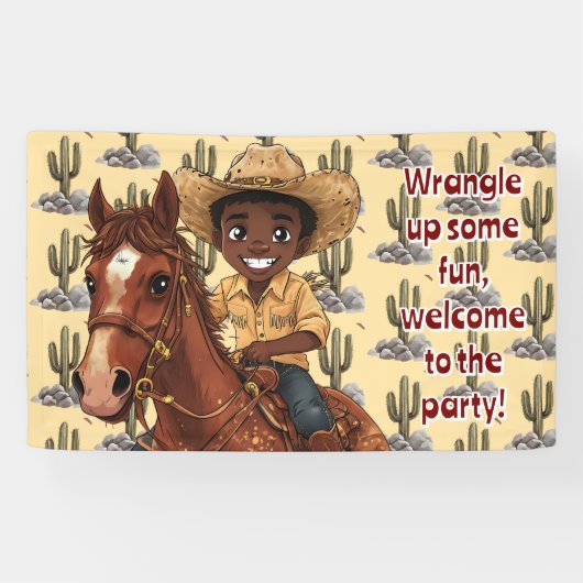 Jonge Jongen Rijdt Vrolijk Paard Spandoek (Horizontaal)
