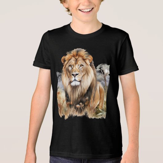 Jonge jongens leeuw T-shirt in zwart. (Voorkant)