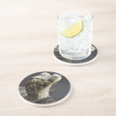 Jonge kayman in water met reflectie zandsteen onderzetter (Zijkant)