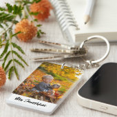 Jonge kind met hond moderne, gepersonaliseerde fot sleutelhanger (Voorkant Rechts)