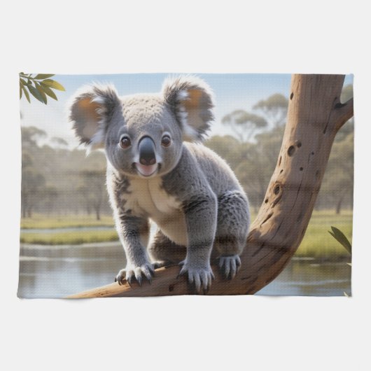 Jonge Koala bij een meer Theedoek (Horizontaal)