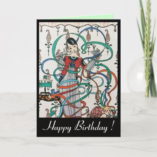 JONGE LADY, COLORFUL RIBBON SWIRLS, CUPID Birthday Kaart (Voorkant)