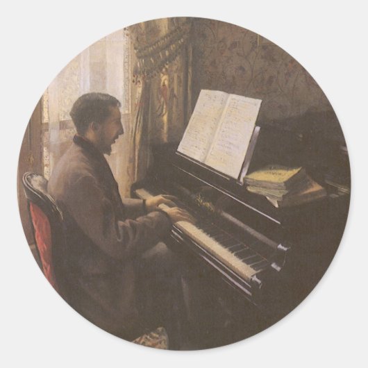 Jonge Man die de Piano speelt met Gustave Caillebo Ronde Sticker (Voorkant)