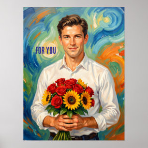 Jonge man met boeket Retro stijl gepersonaliseerd Poster