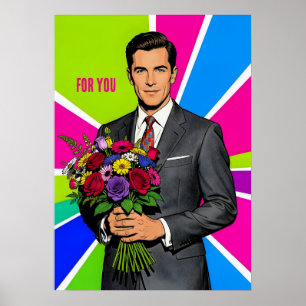 Jonge man met boeket Retro stijl gepersonaliseerd Poster