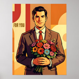 Jonge man met boeket Retro stijl Gepersonaliseerd Poster