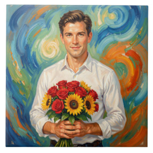 Jonge man met boeket Retro stijl schilderij Tegeltje