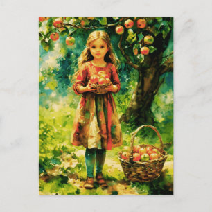 Jonge meid in een appelboomgaard briefkaart