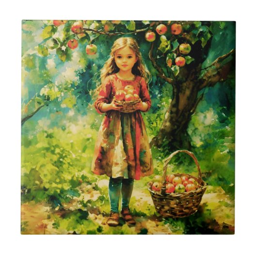 Jonge meid in een appelboomgaard tegeltje (Voorkant)