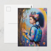 Jonge meid in het bos met rugzak briefkaart (Voorkant / Achterkant)