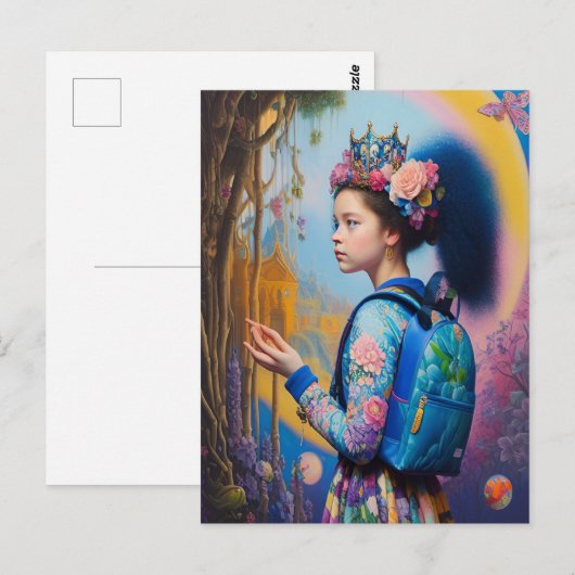 Jonge meid in het bos met rugzak briefkaart (Voorkant / Achterkant)