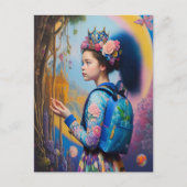 Jonge meid in het bos met rugzak briefkaart (Voorkant)