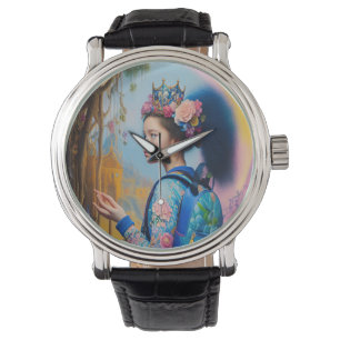 Jonge meid in het bos met rugzak horloge