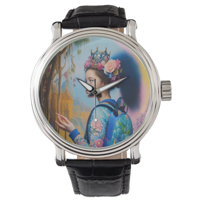 Jonge meid in het bos met rugzak horloge (Voorkant)