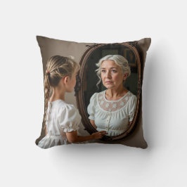 Jonge meid kijkt naar oude dame reflectie kussen