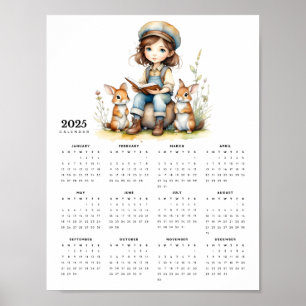 Jonge meid leest boek voor konijnen 2025 Kalender Poster