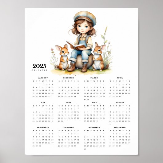 Jonge meid leest boek voor konijnen 2025 Kalender Poster (Voorkant)