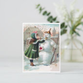 Jonge meid maakt een sneeuwman, een  vakantie briefkaart (Staand voorkant)