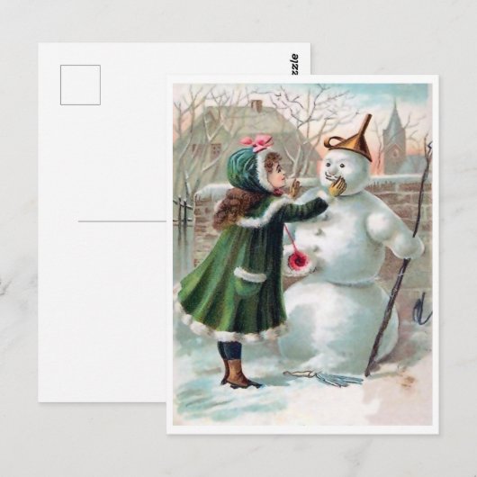 Jonge meid maakt een sneeuwman, een  vakantie briefkaart (Voorkant / Achterkant)