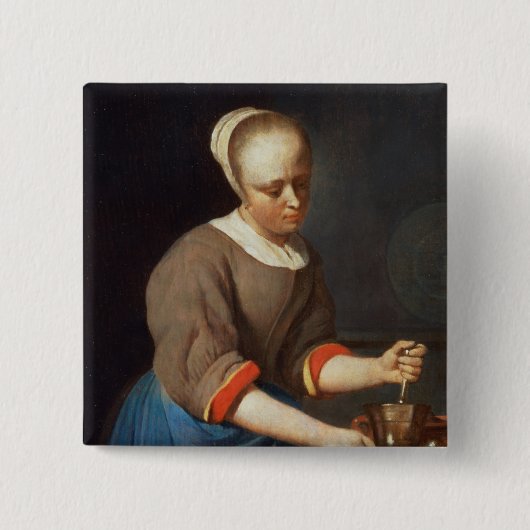 Jonge meid met een stamper en mortier vierkante button 5,1 cm (Voorkant)