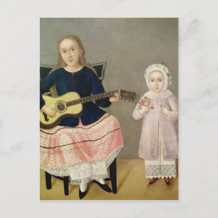 Jonge meid met gitaar en kind met een briefkaart