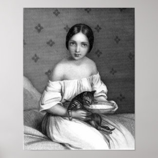 Jonge meid met kitten en kom melk poster