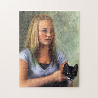 Jonge meid met zwarte kat Puzzle Legpuzzel