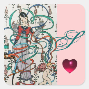 JONGE MEISJE, KORFUL RIBBON SWIRLS, KUPID MONOGRAM VIERKANTE STICKER