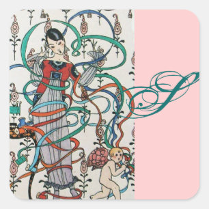 JONGE MEISJE, KORFUL RIBBON SWIRLS, KUPID MONOGRAM VIERKANTE STICKER