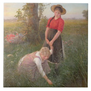Jonge meisjes die bloemen tegeltje