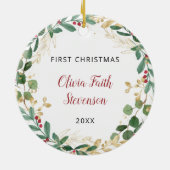 Jonge meisjes eerste kerstgroenergoud-elegant keramisch ornament (Achterkant)