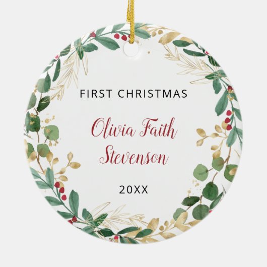 Jonge meisjes eerste kerstgroenergoud-elegant keramisch ornament (Achterkant)