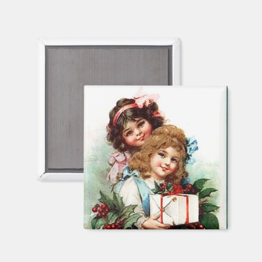 Jonge meisjes met kerstcadeaus  Magnet (Voorkant / Achterkant)