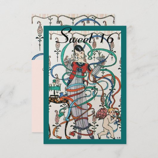 JONGE MEISJES MET KLEURSTRIBBENS 16 PARTIJ KAART (Voorkant / Achterkant)