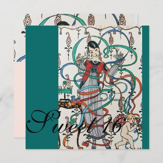 JONGE MEISJES MET KLEURSTRIBBENS 16 PARTIJ KAART (Voorkant / Achterkant)