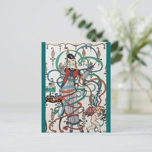 JONGE MEISJES MET KLORFUL RIBBON SWIRLS EN CUPID BRIEFKAART (Staand voorkant)