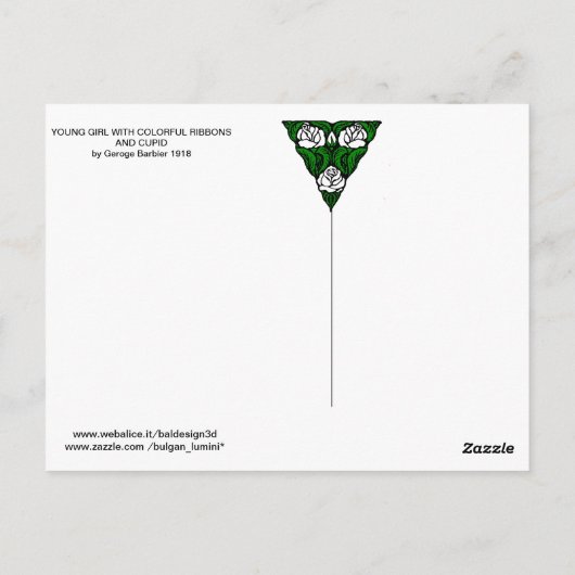 JONGE MEISJES MET KLORFUL RIBBON SWIRLS EN CUPID BRIEFKAART (Achterkant)